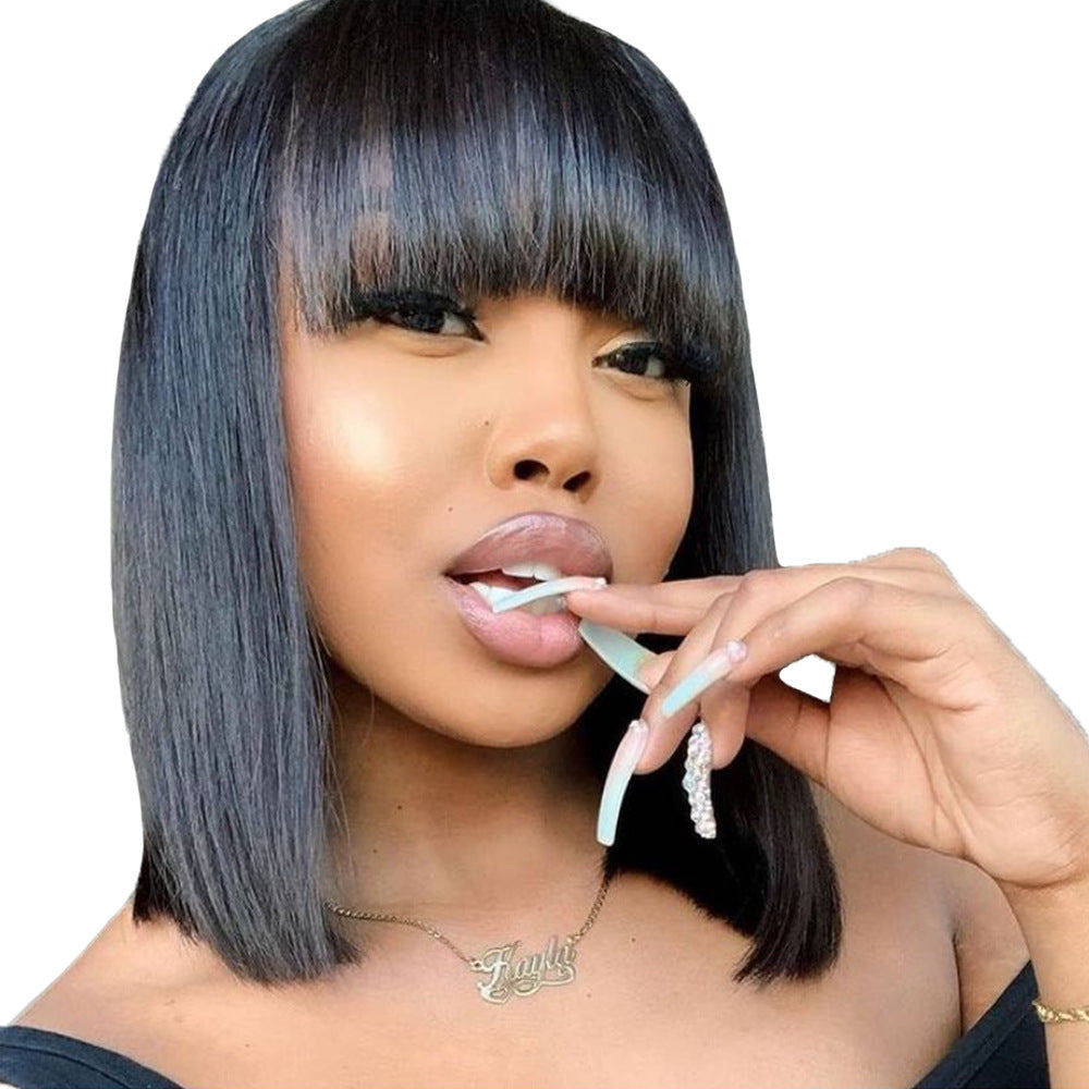 Chic Bob Wig with Blunt Bangs – Synthetic Hair