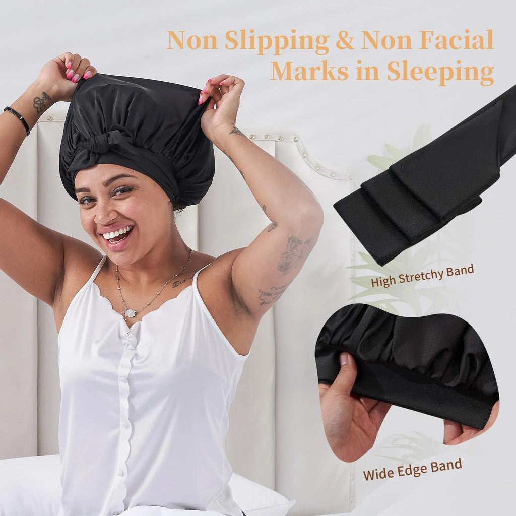 Silk Bonnet For Sleeping Women, Satin Hair Bonnet For Sleeping For Wavy Curly Natural Hair Women Men - Black