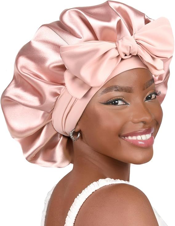 Silk Bonnet For Sleeping Women Satin Bonnet Double Layer Satin Lined Hair Bonnet With Tie Band Curly Hair