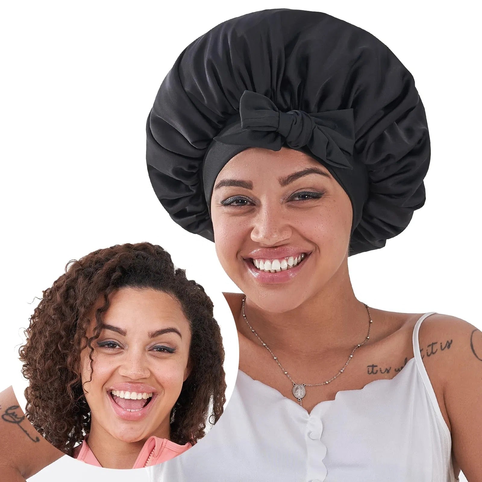 Silk Bonnet For Sleeping Women, Satin Hair Bonnet For Sleeping For Wavy Curly Natural Hair Women Men - Black