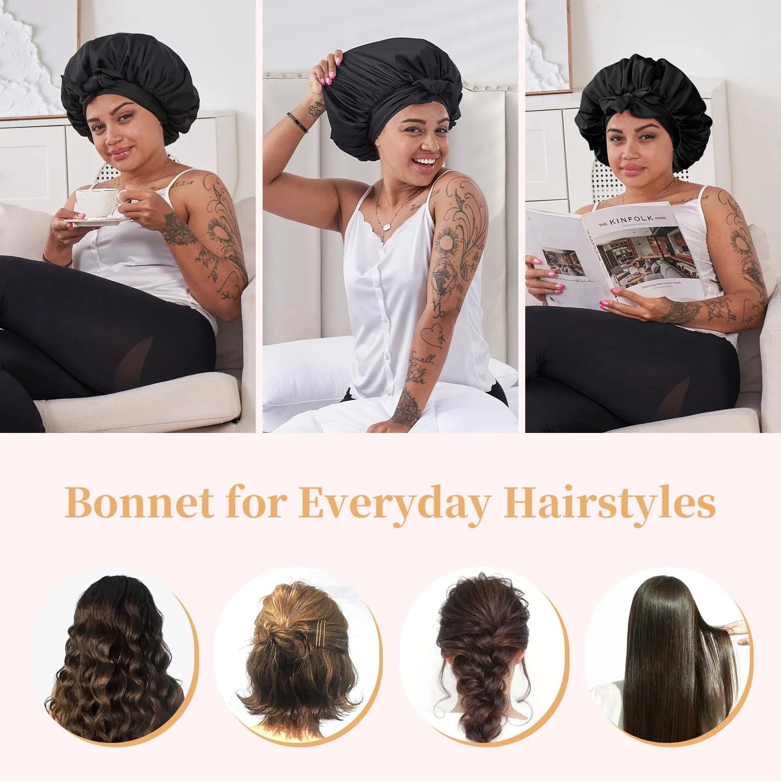 Silk Bonnet For Sleeping Women, Satin Hair Bonnet For Sleeping For Wavy Curly Natural Hair Women Men - Black